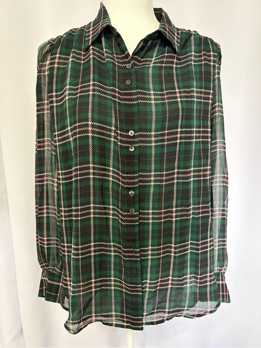 Ann Taylor Green and Black Plaid Sheer Button-Up Blouse